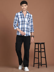 Blue Cotton Shirt Side View - Spread Collar Detail