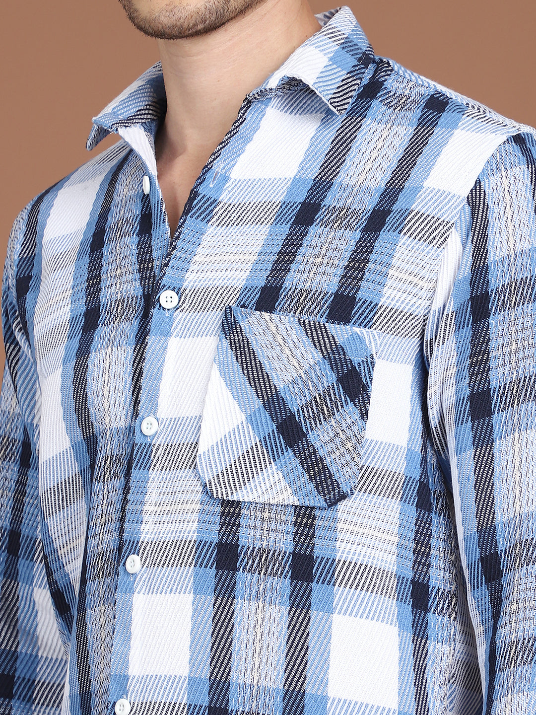 Men's Blue Checked Shirt - Premium 70% Cotton 30% Polyester - Front