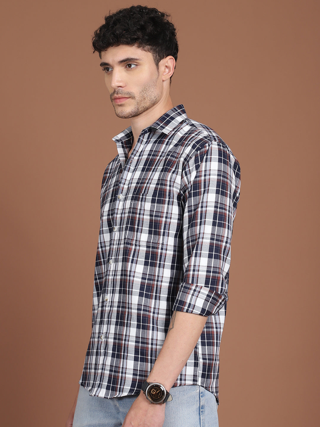 Men's Navy Blue Relaxed Fit Checked Casual Shirt