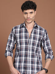 Men's Navy Blue Relaxed Fit Checked Casual Shirt
