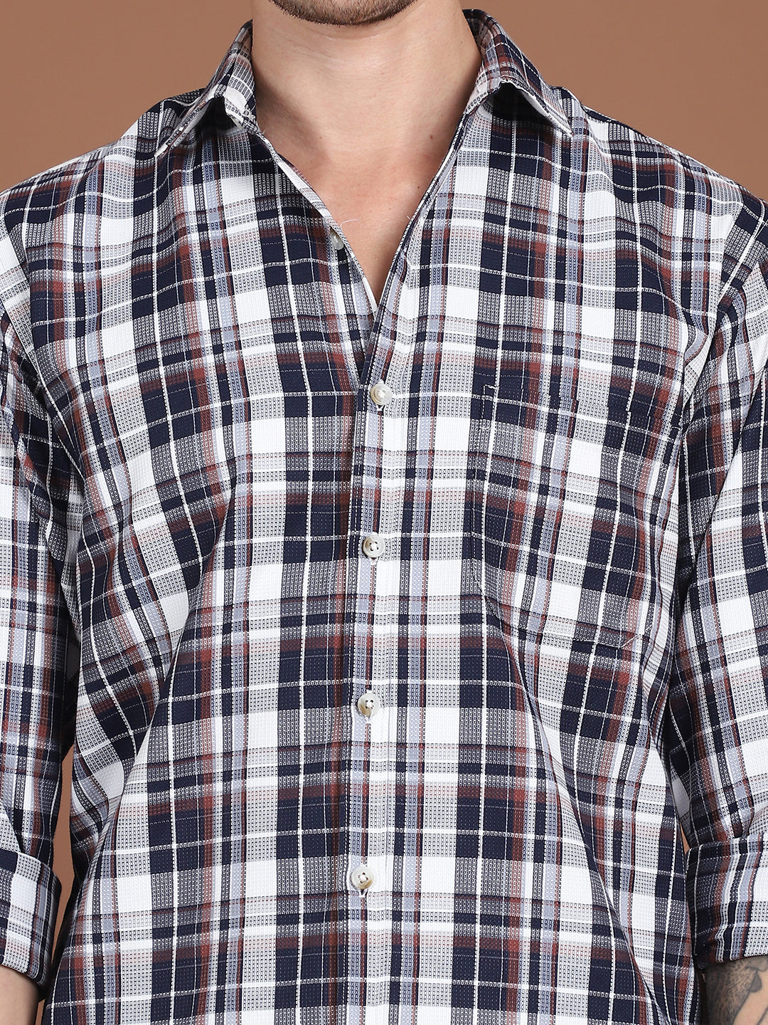 Men's Navy Blue Relaxed Fit Checked Casual Shirt