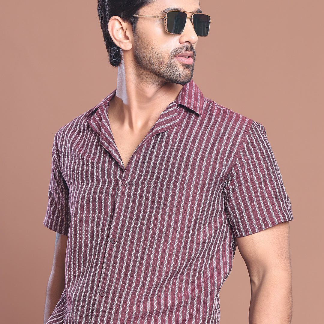 Men's Maroon Striped Shirt - Premium 100% Cotton - Front