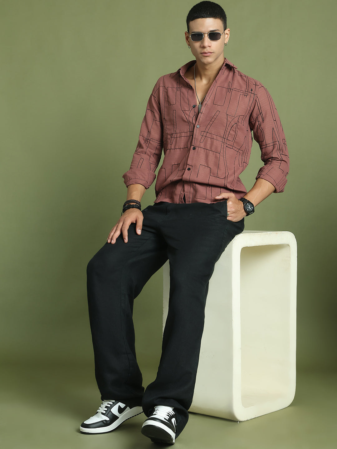 Men Regular Fit Embroidered Spread Collar Casual Shirt