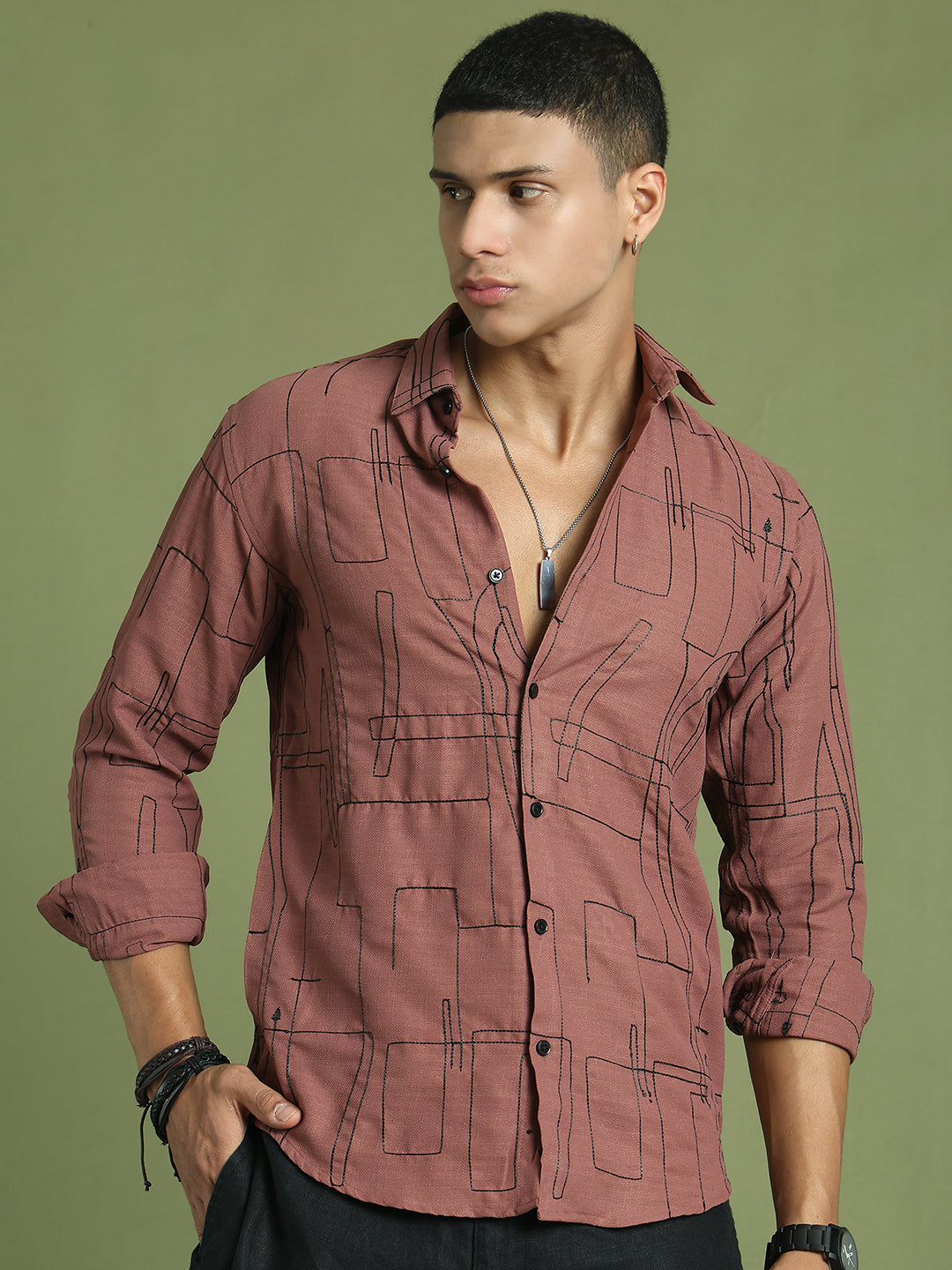 Men Regular Fit Embroidered Spread Collar Casual Shirt