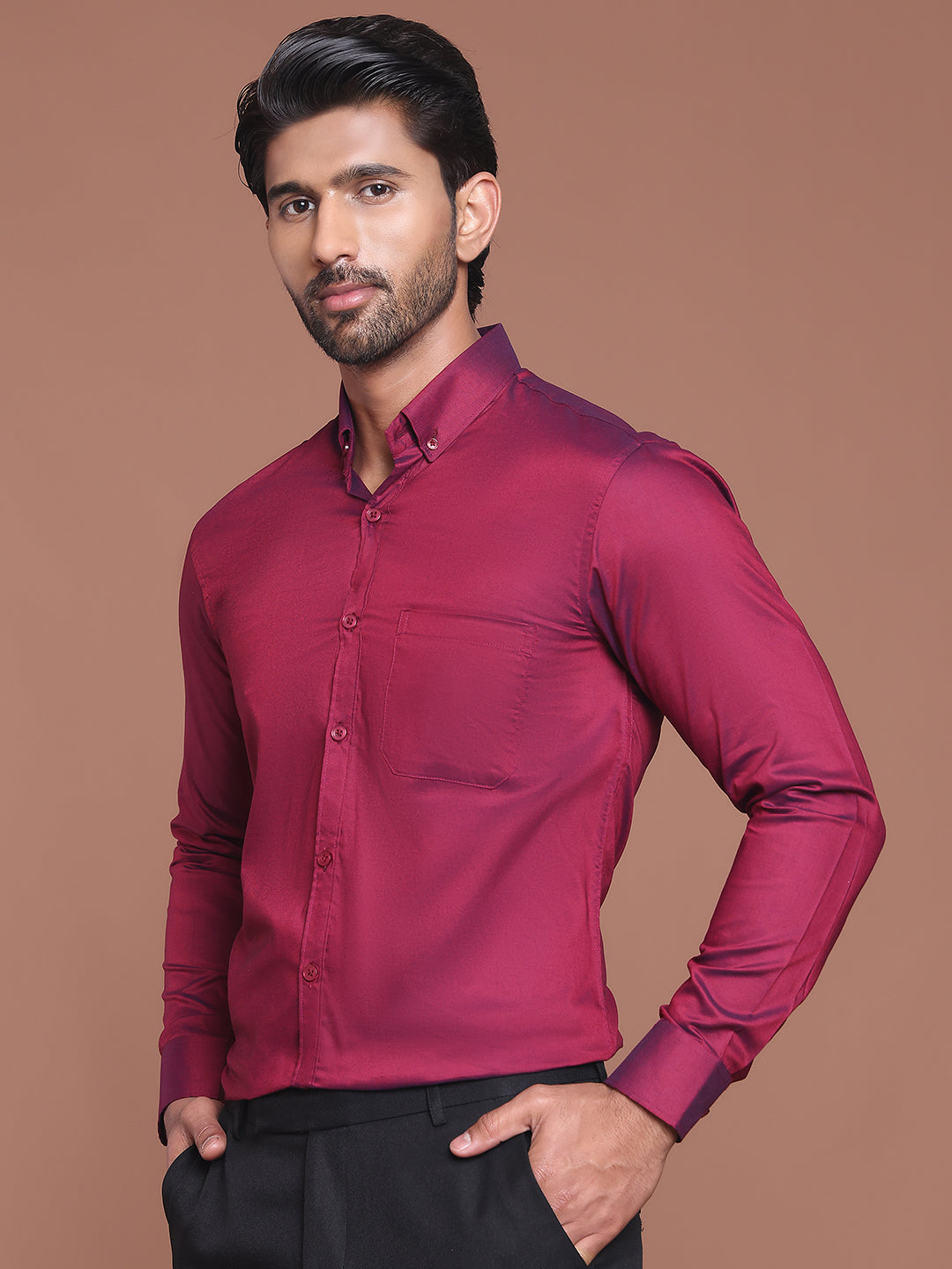 Men's Solid Shirt in Wine - Side Profile