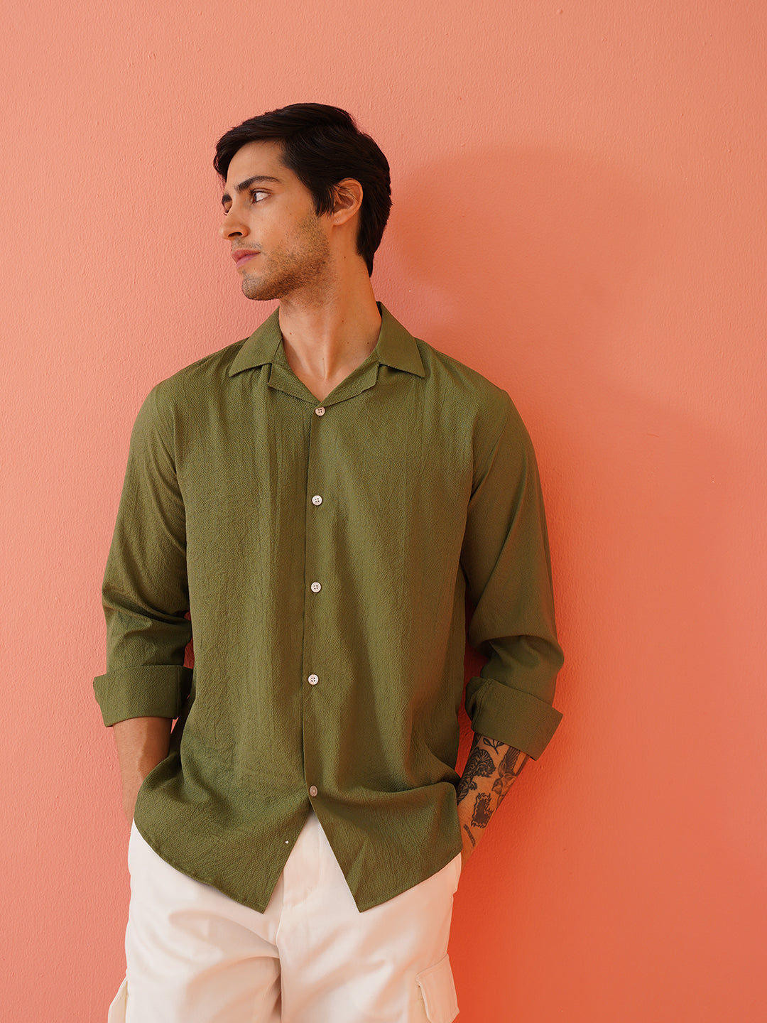 Olive Self Design Cotton Shirt for Men - Front View - Indian Needle