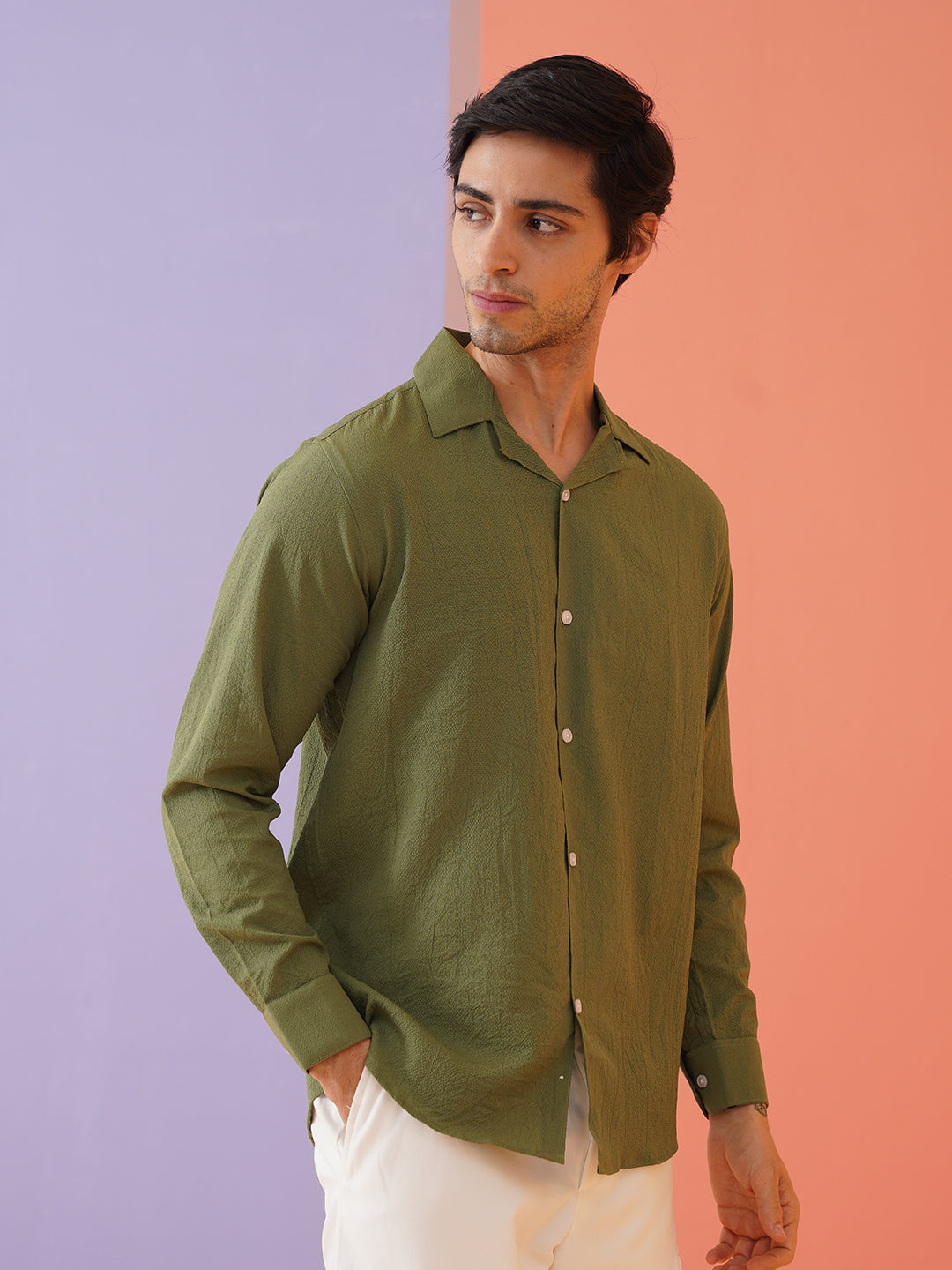 Men's Self Design Shirt in Olive - Side Profile