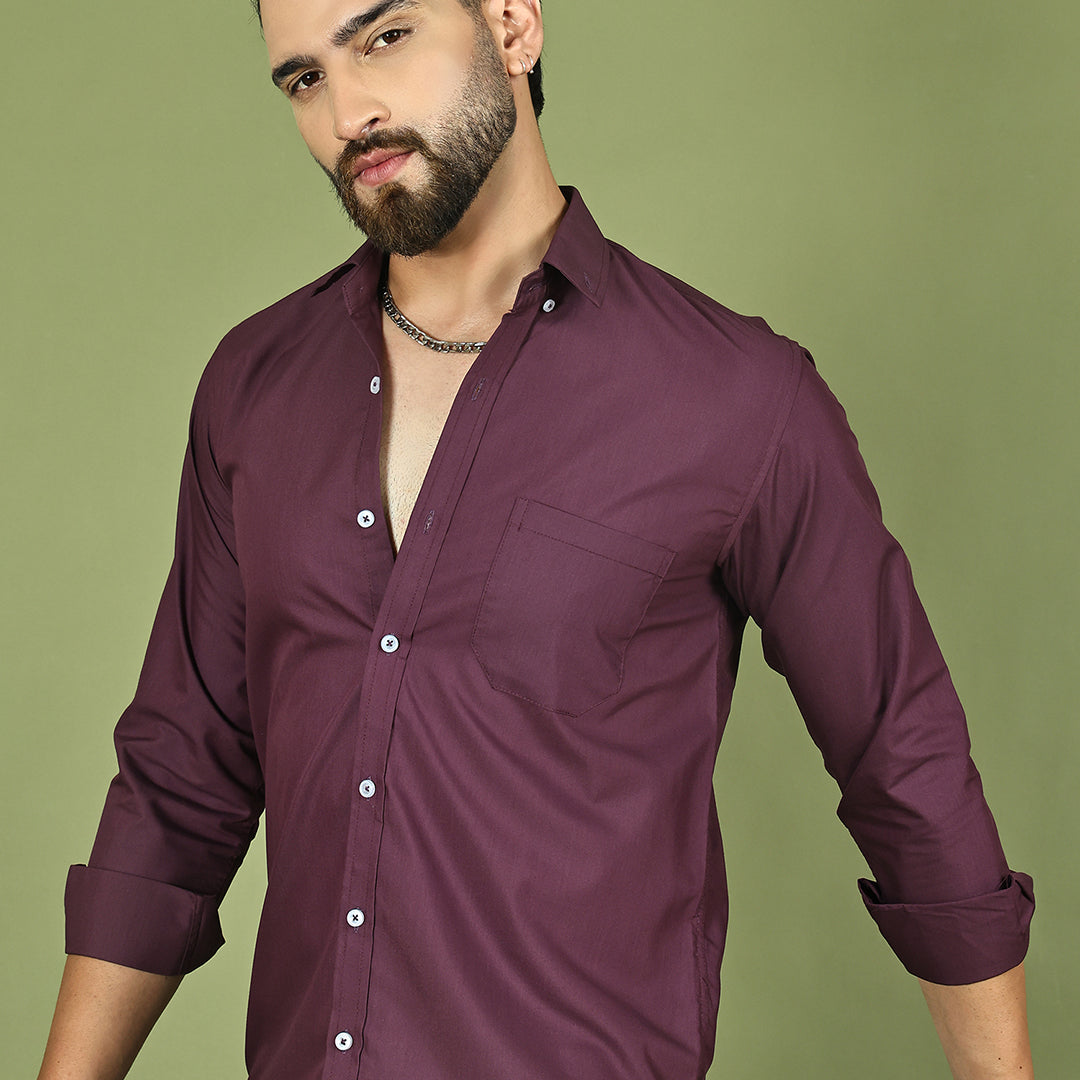 Wine Solid Cotton Shirt for Men - Front View - Indian Needle