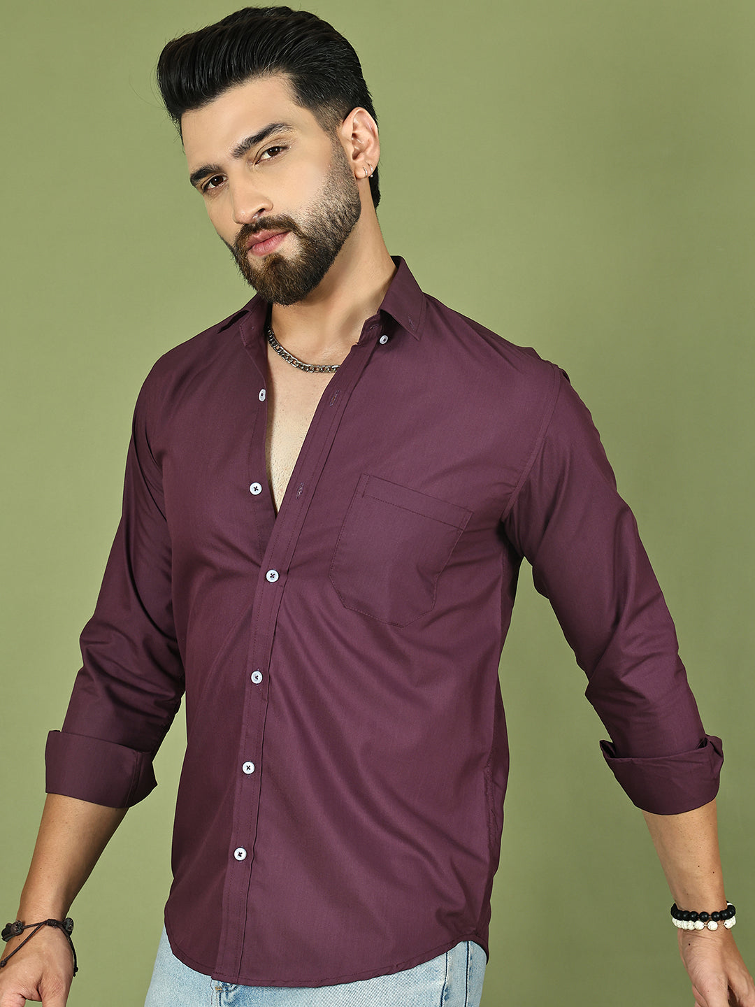 Wine Solid Cotton Shirt for Men - Front View - Indian Needle