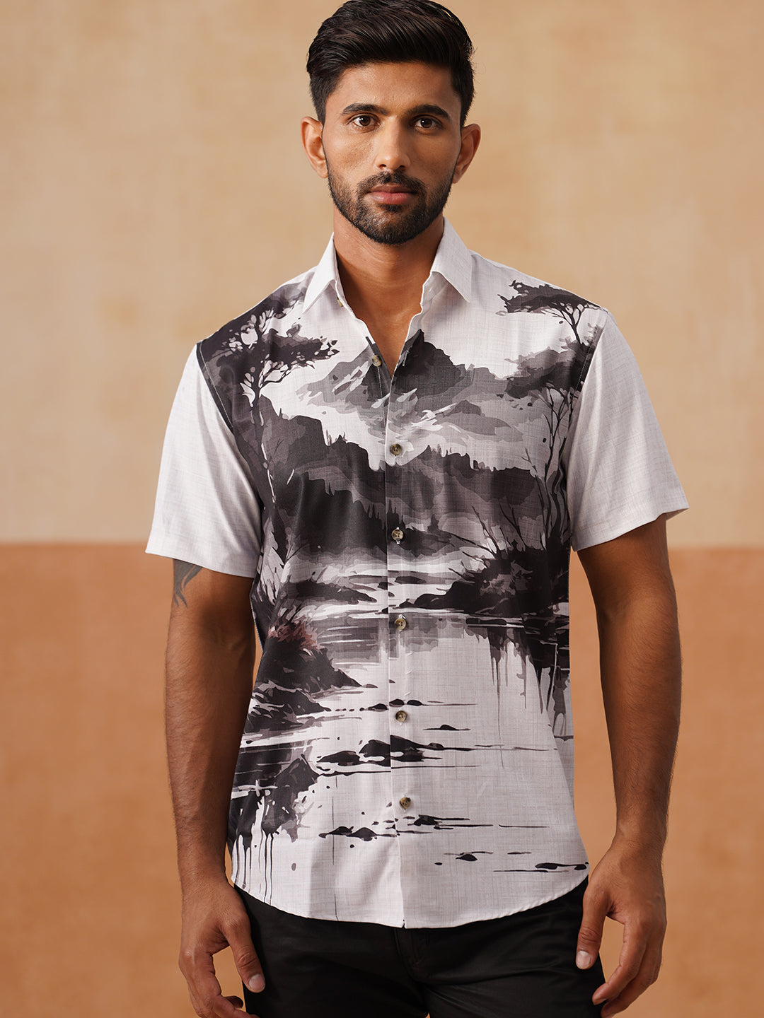 Casual Cotton Blend Shirt with Artistic Print