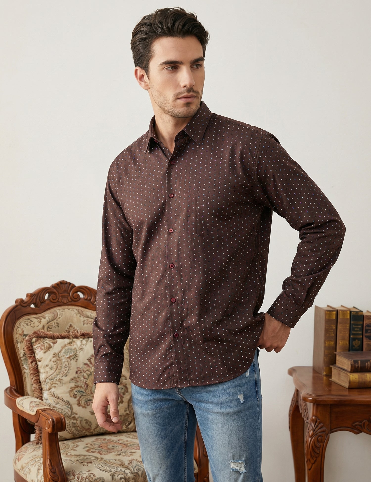 Indian Needle Cotton Blend Printed Casual Shirt for Men in Coffee Brown - Front View