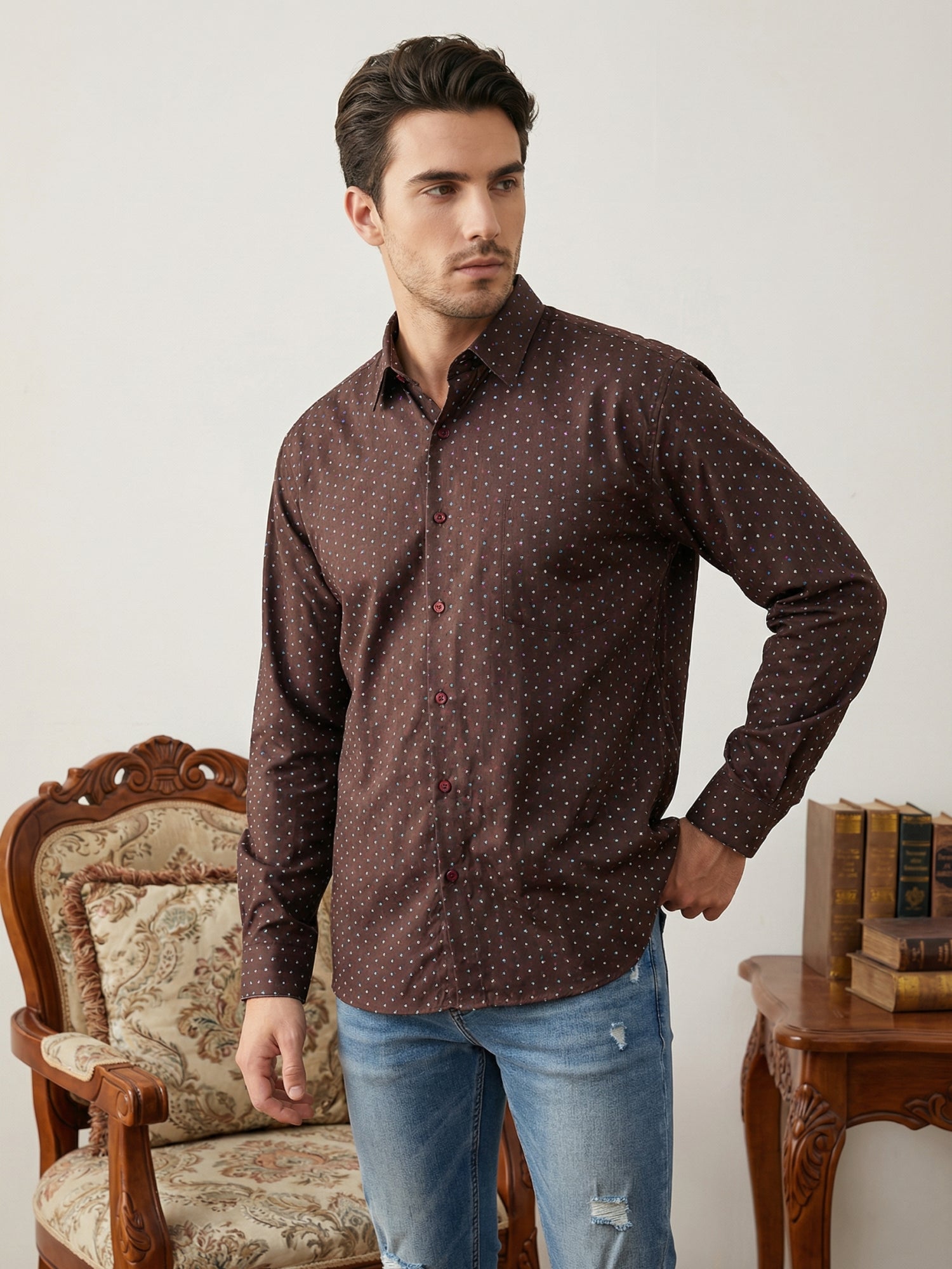 Indian Needle Cotton Blend Printed Casual Shirt for Men in Coffee Brown - Front View