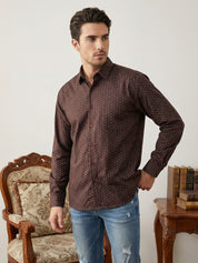 Indian Needle Cotton Blend Printed Casual Shirt for Men in Coffee Brown - Front View