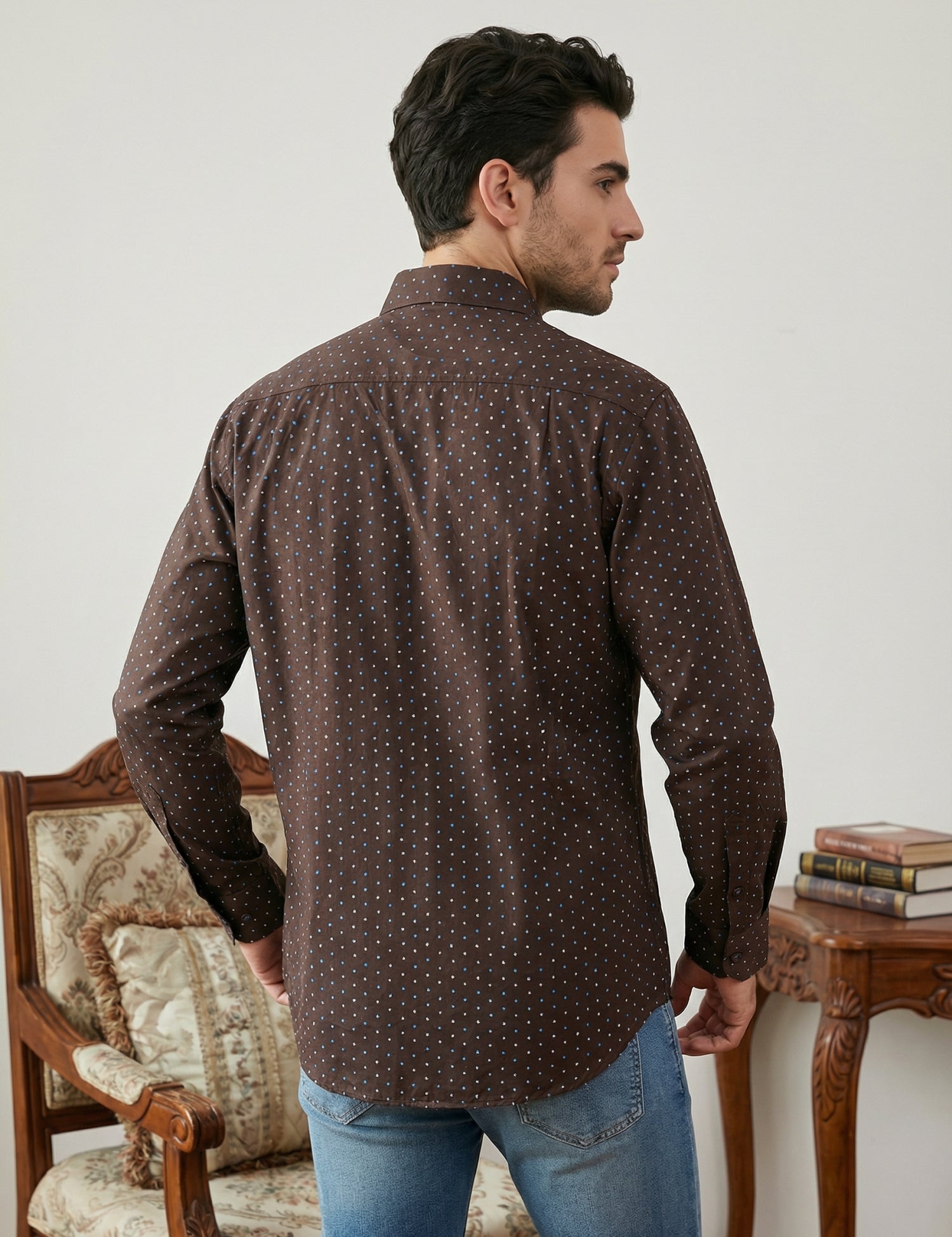 Indian Needle Cotton Blend Printed Casual Shirt for Men in Coffee Brown - Side View