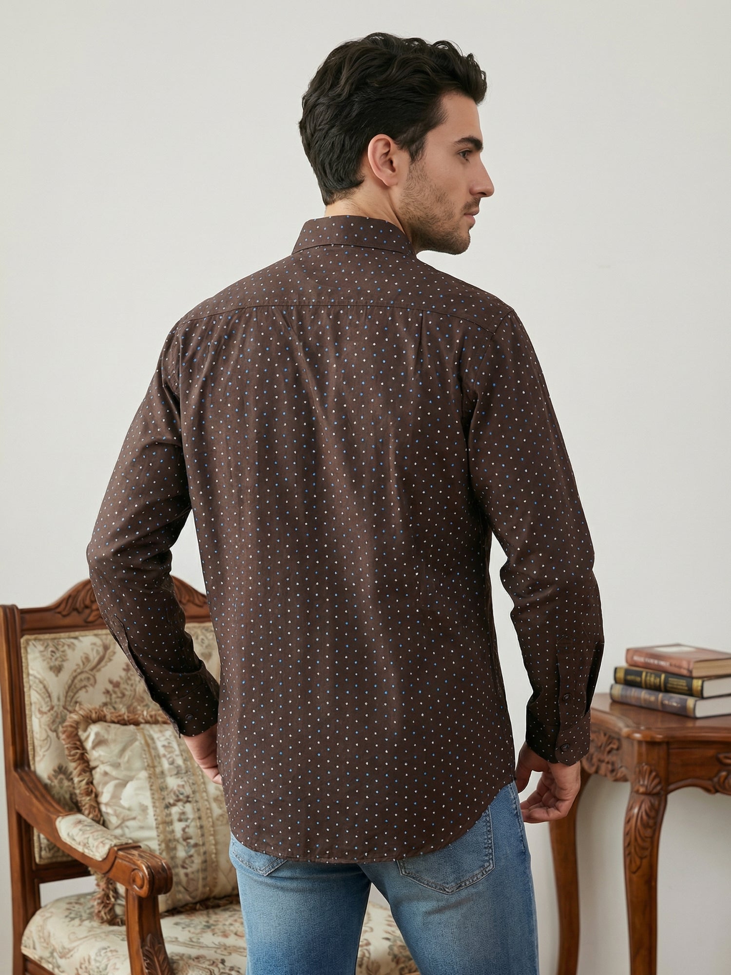 Indian Needle Cotton Blend Printed Casual Shirt for Men in Coffee Brown - Side View