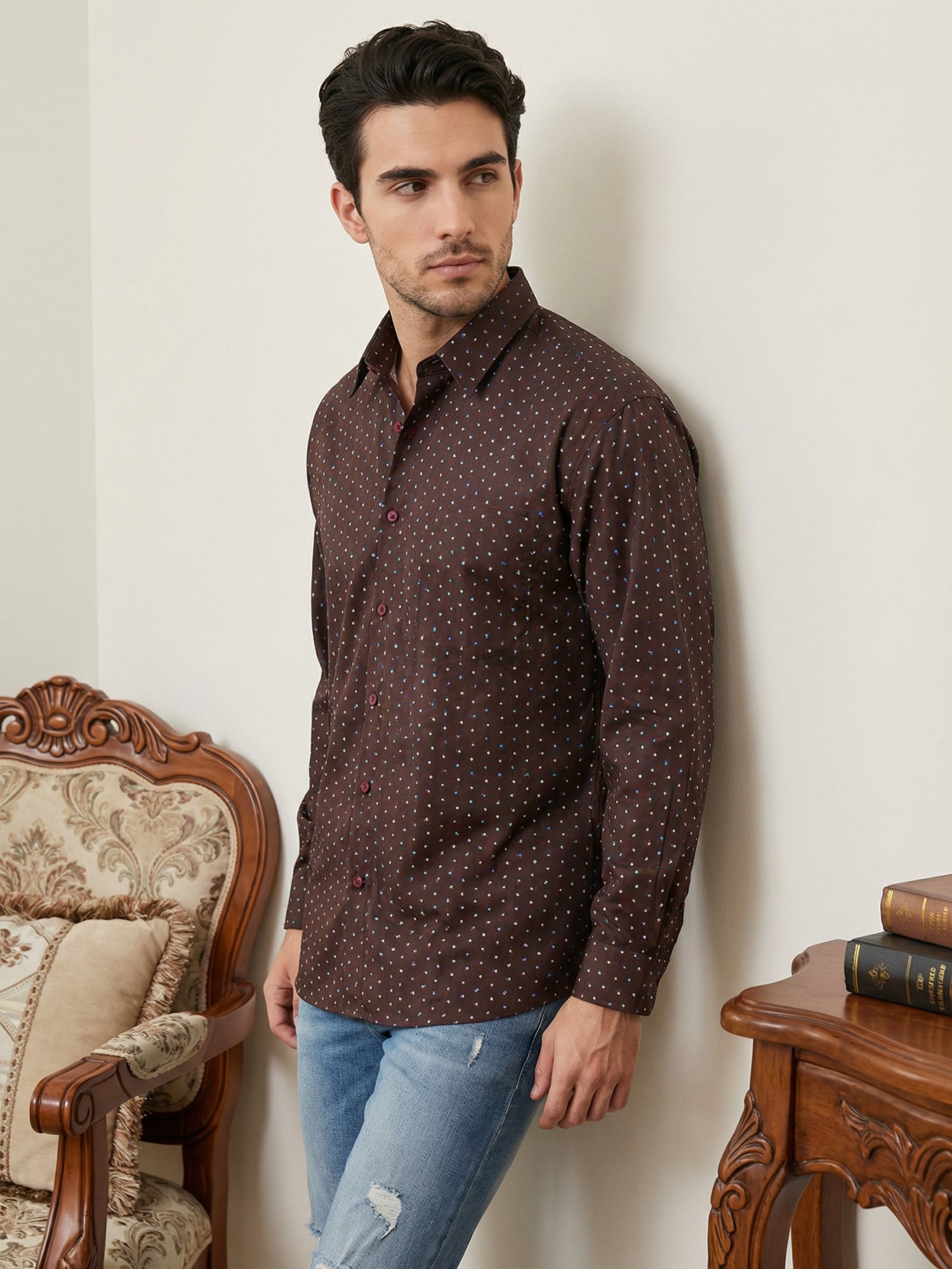 Indian Needle Cotton Blend Printed Casual Shirt for Men in Coffee Brown - Back View