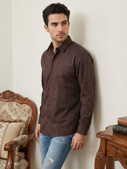 Indian Needle Cotton Blend Printed Casual Shirt for Men in Coffee Brown - Back View