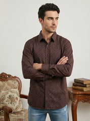Indian Needle Cotton Blend Printed Casual Shirt for Men in Coffee Brown - Detail View