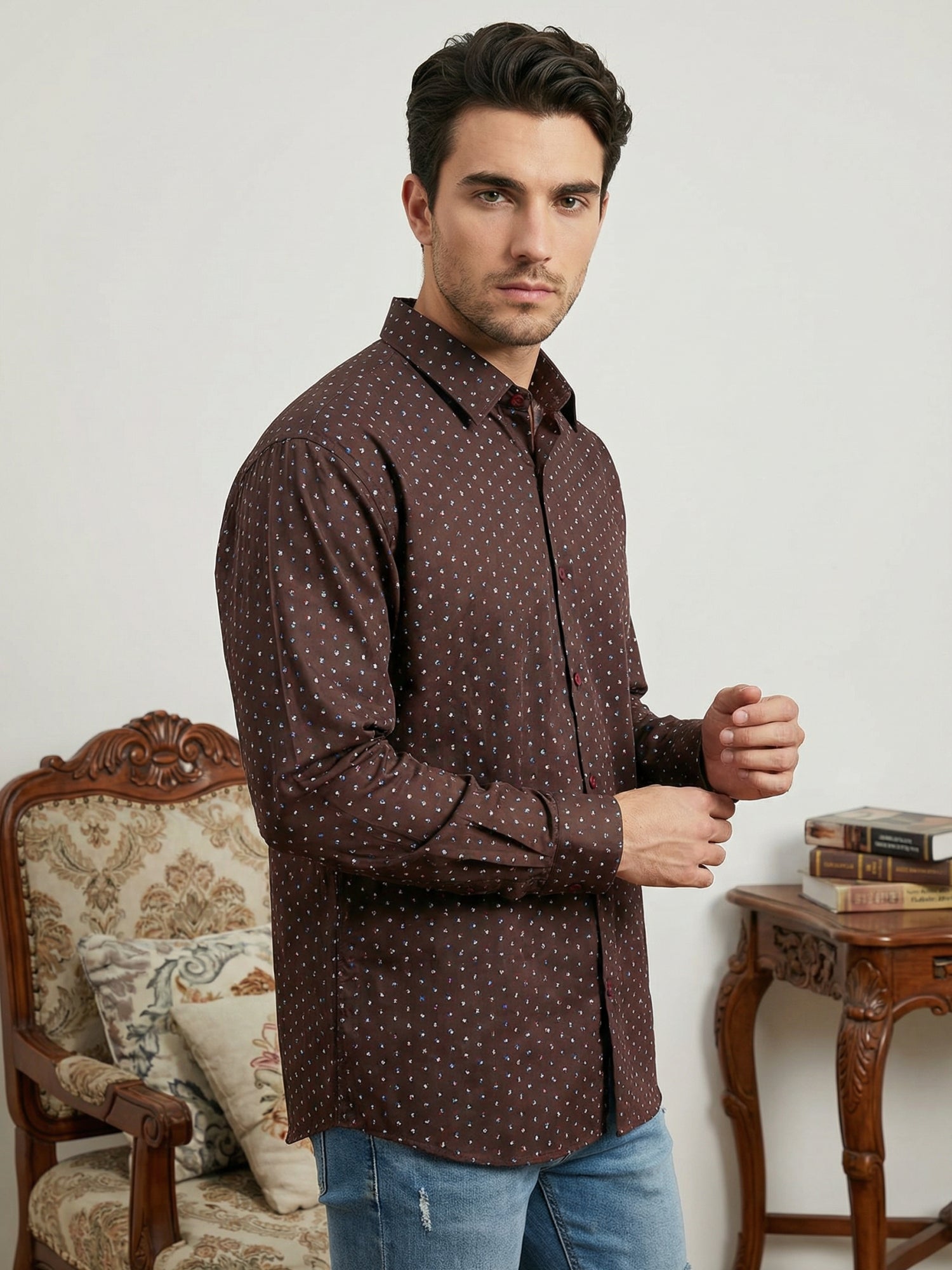 Indian Needle Cotton Blend Printed Casual Shirt for Men in Coffee Brown - Close-up View
