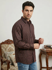 Indian Needle Cotton Blend Printed Casual Shirt for Men in Coffee Brown - Close-up View