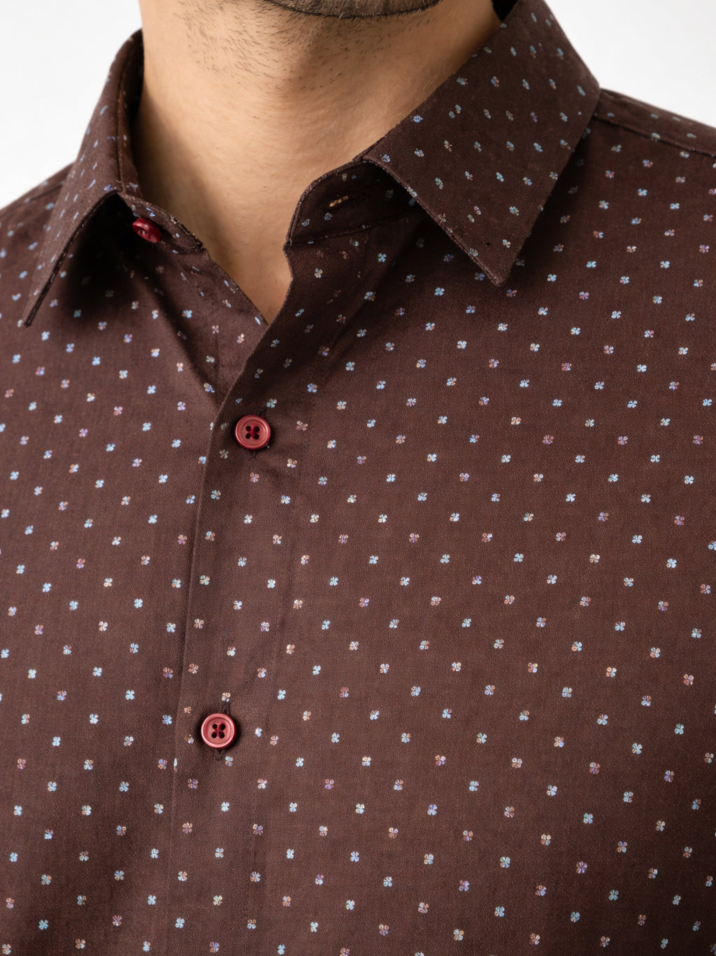 Indian Needle Cotton Blend Printed Casual Shirt for Men in Coffee Brown - Detail View