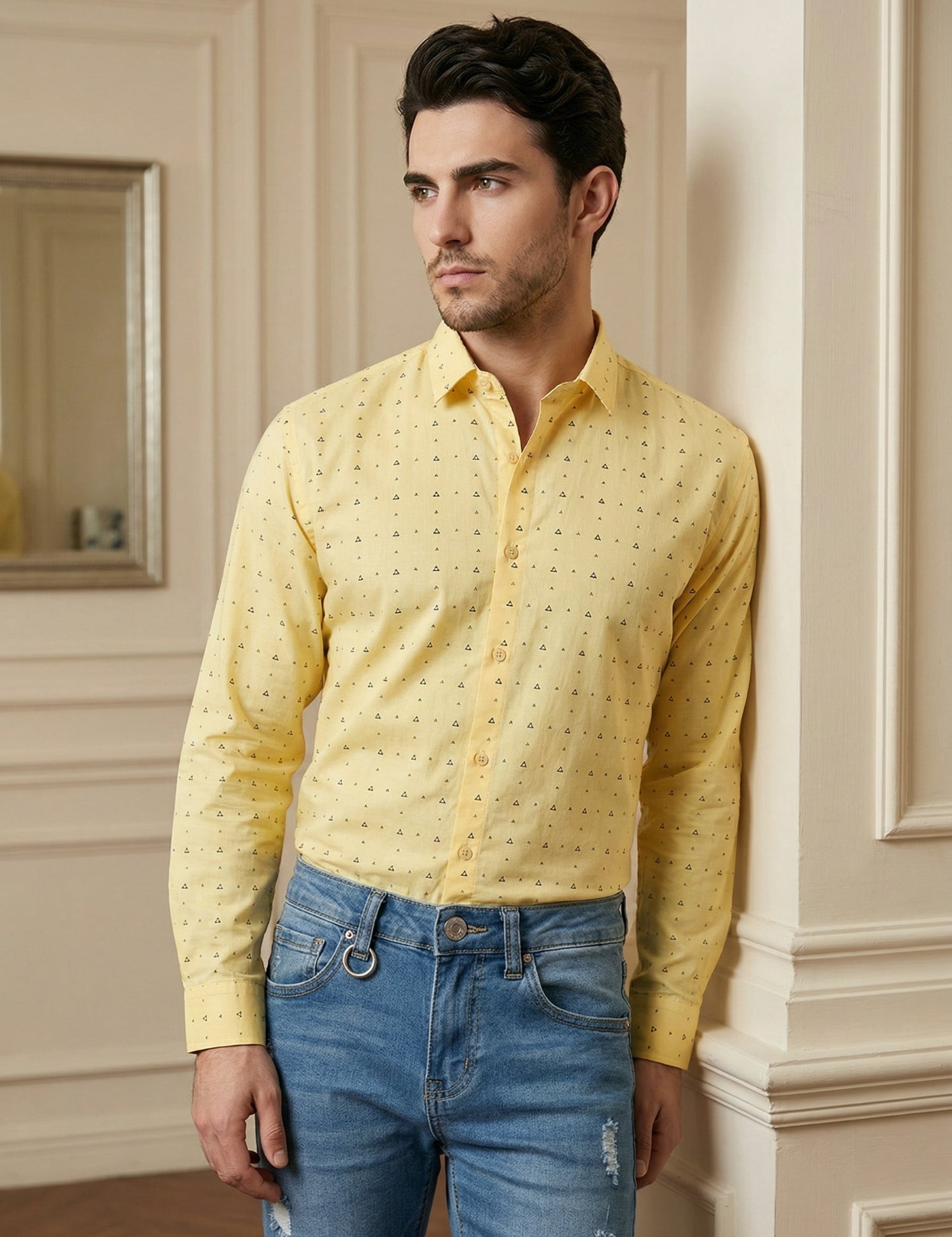 Indian Needle Cotton Blend Printed Casual Shirt for Men in Lemon - Front View