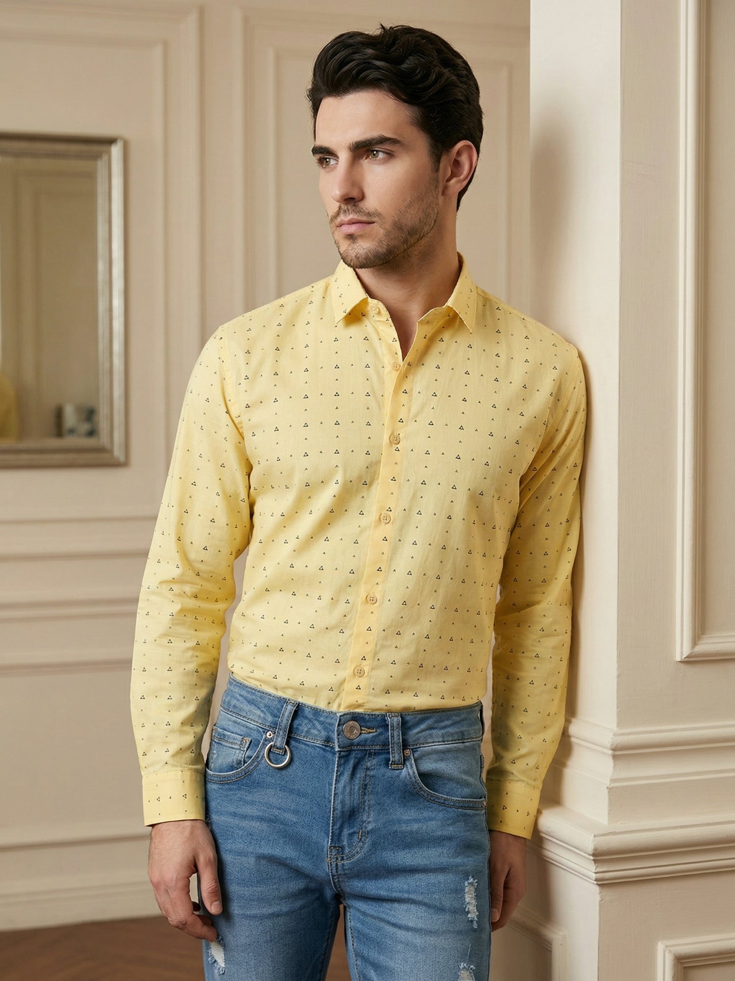 Indian Needle Cotton Blend Printed Casual Shirt for Men in Lemon - Front View