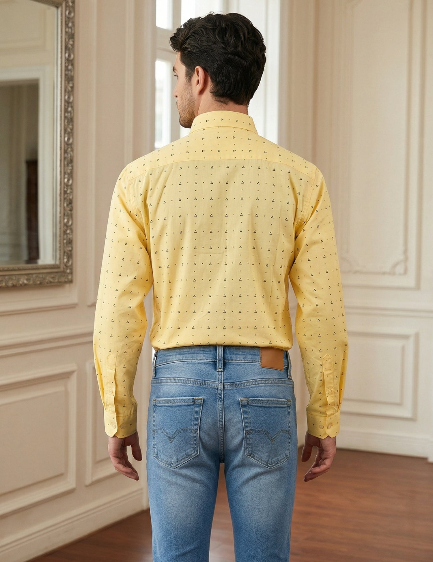 Indian Needle Cotton Blend Printed Casual Shirt for Men in Lemon - Side View