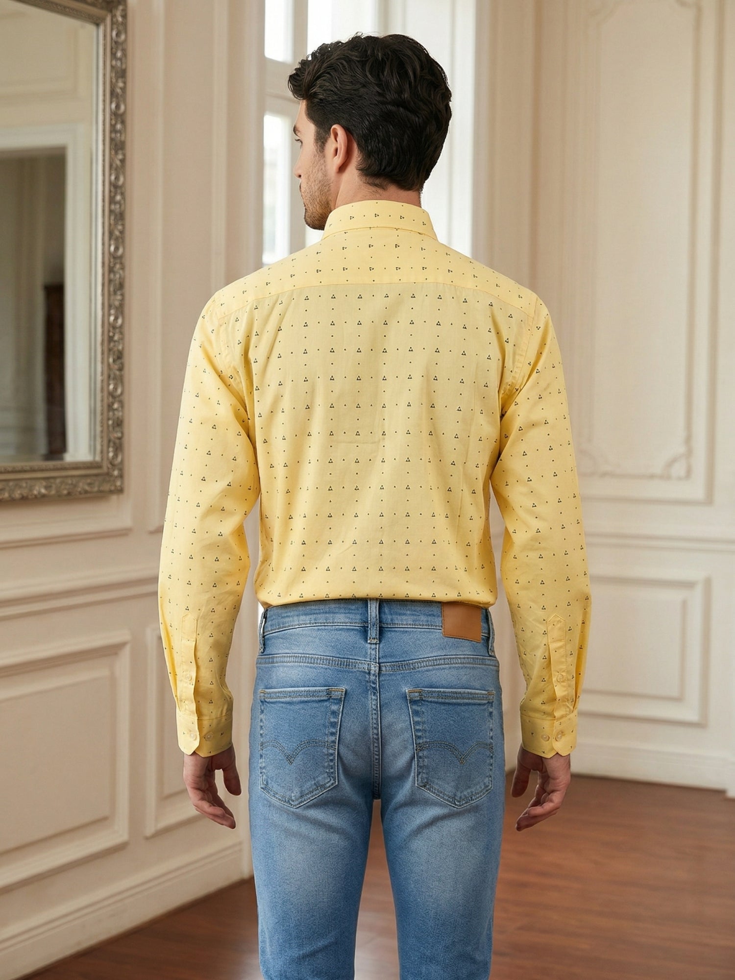 Indian Needle Cotton Blend Printed Casual Shirt for Men in Lemon - Side View