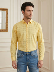 Indian Needle Cotton Blend Printed Casual Shirt for Men in Lemon - Detail View