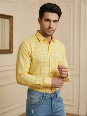 Indian Needle Cotton Blend Printed Casual Shirt for Men in Lemon - Close-up View