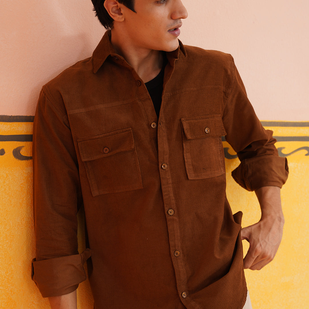 Indian Needle Men Standard Corduroy Cotton Shirt in Brown - Front View