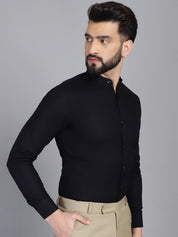 Mandarin Collar Detail - Black Men's Shirt - Indian Needle