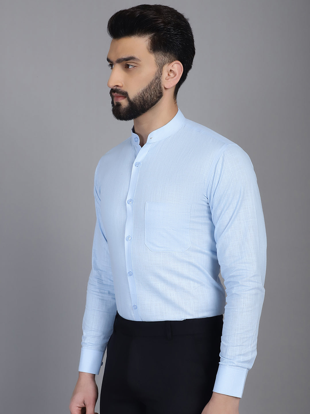 Firozi Cotton Shirt Side View - Mandarin Collar Detail