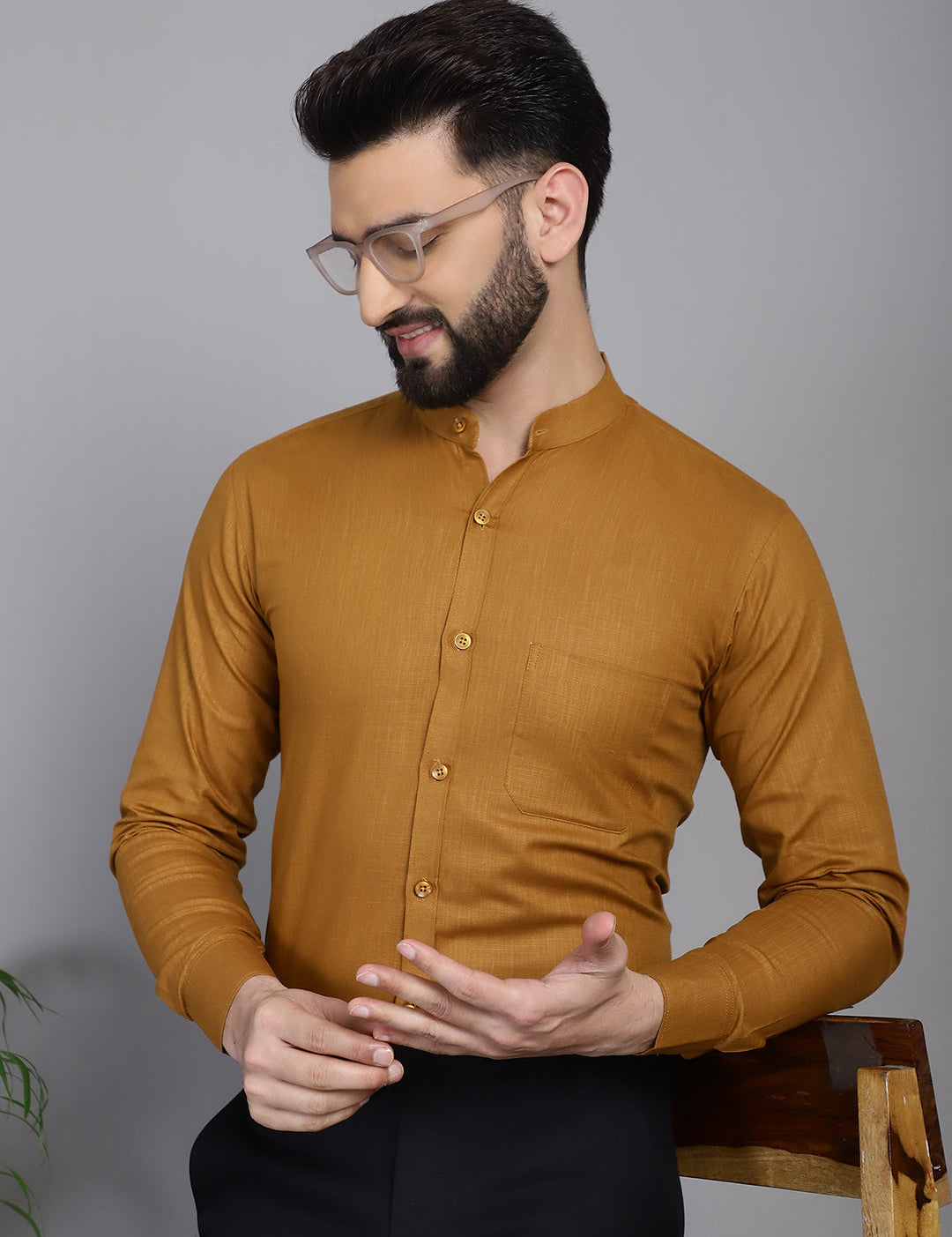 Mustard Solid Full Sleeves Shirt - Indian Needle Collection