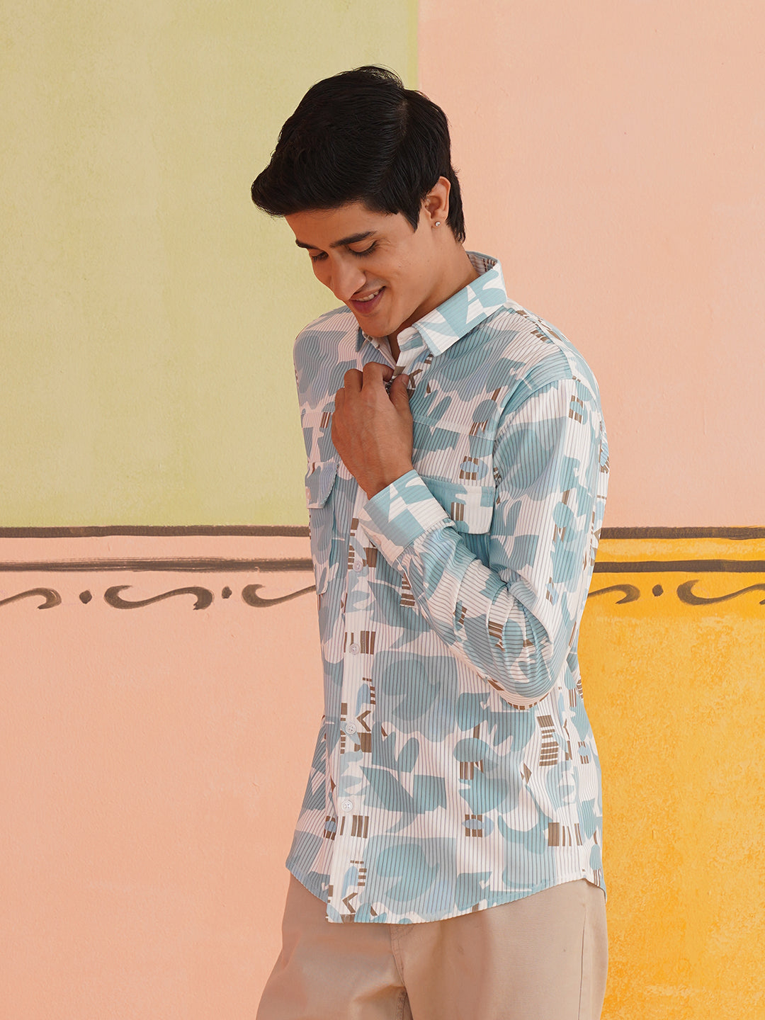 Sky Blue Printed Spread Collar Cotton Curved Casual Shirt