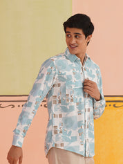 Sky Blue Printed Spread Collar Cotton Curved Casual Shirt