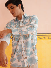 Sky Blue Printed Spread Collar Cotton Curved Casual Shirt