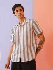 Classic Gey Striped Spread Collar Cotton Curved Casual Shirt