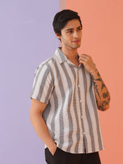 Classic Gey Striped Spread Collar Cotton Curved Casual Shirt