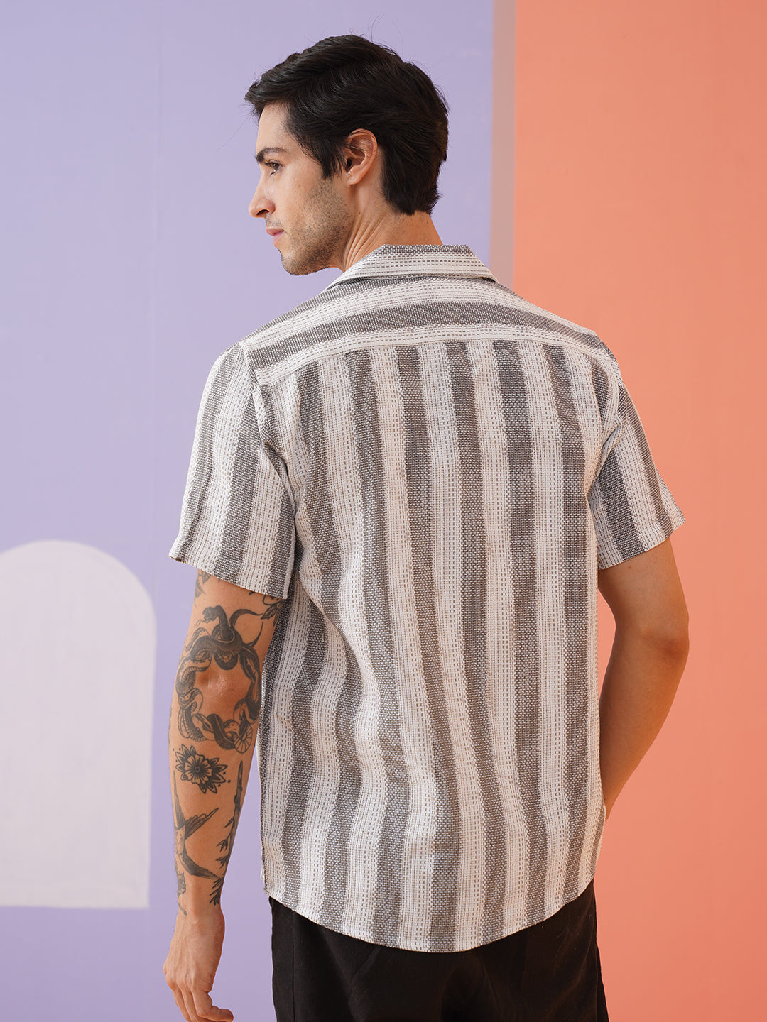 Classic Gey Striped Spread Collar Cotton Curved Casual Shirt