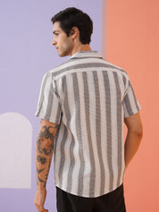 Classic Gey Striped Spread Collar Cotton Curved Casual Shirt