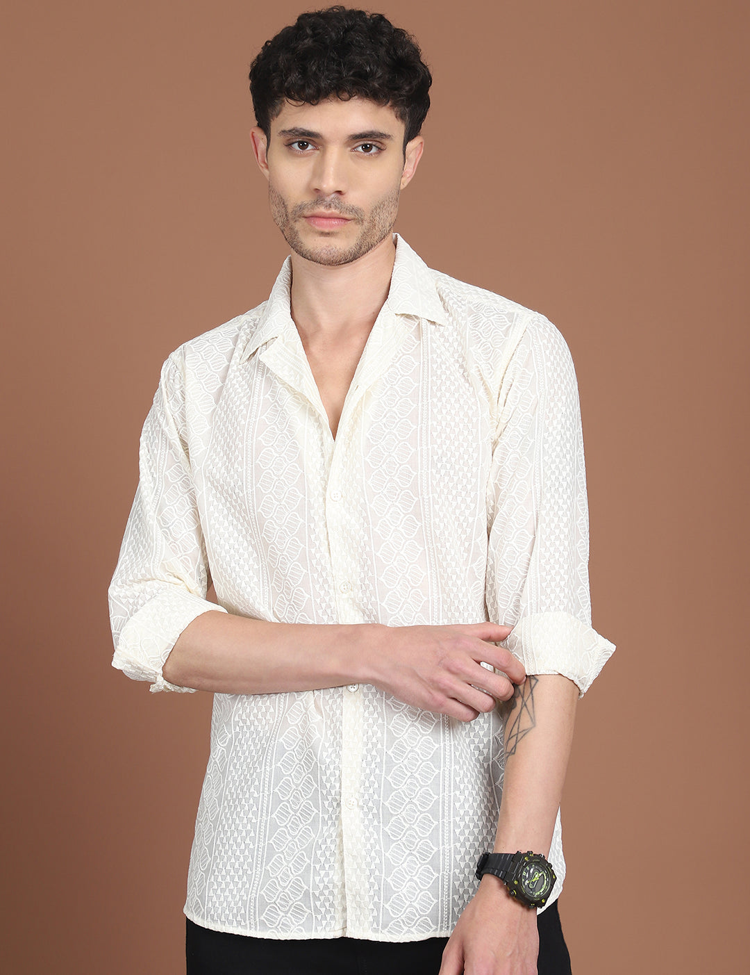 Cream Self Design Cotton Shirt for Men - Front View - Indian Needle