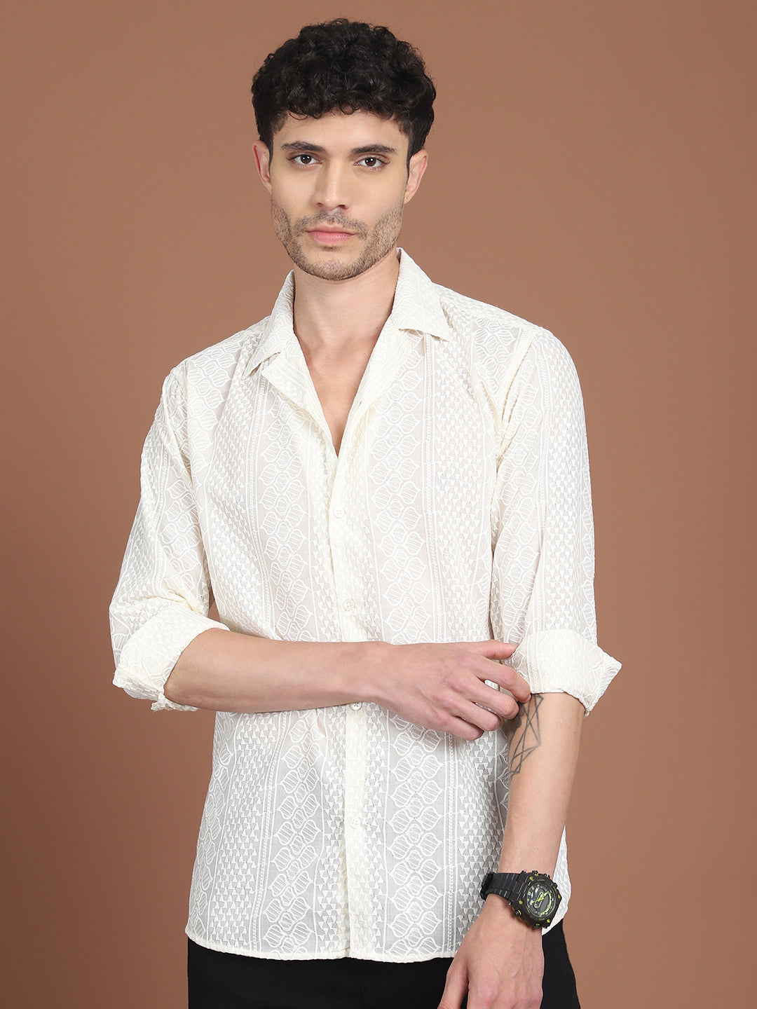 Cream Self Design Cotton Shirt for Men - Front View - Indian Needle