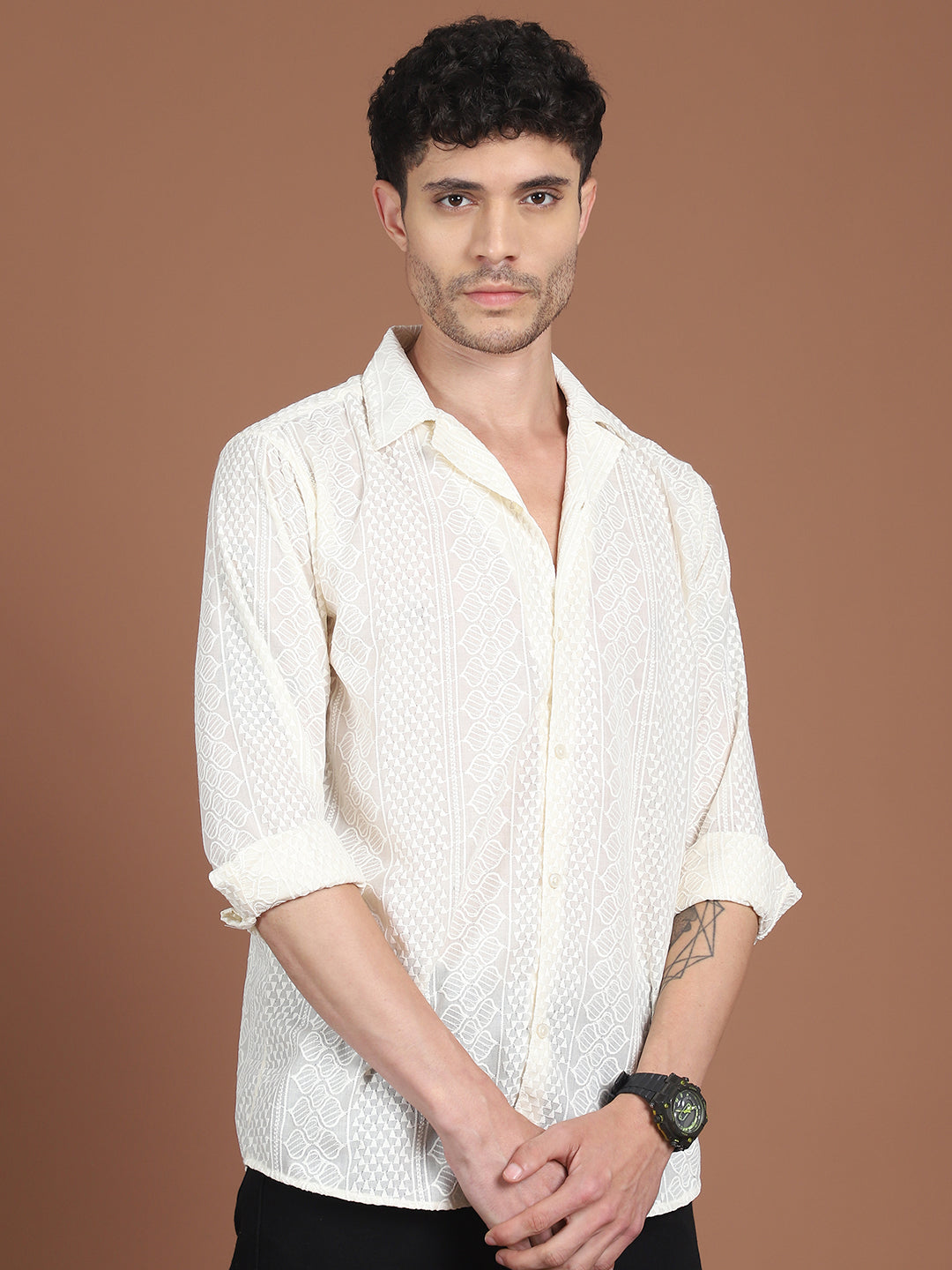Cuban Collar Detail - Cream Men's Shirt - Indian Needle