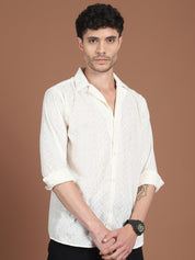Cuban Collar Detail - Cream Men's Shirt - Indian Needle