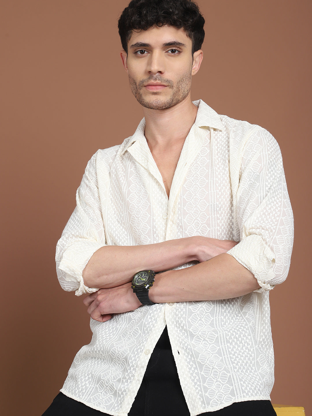 Cream Self Design Shirt - Fabric Texture - 100% Cotton