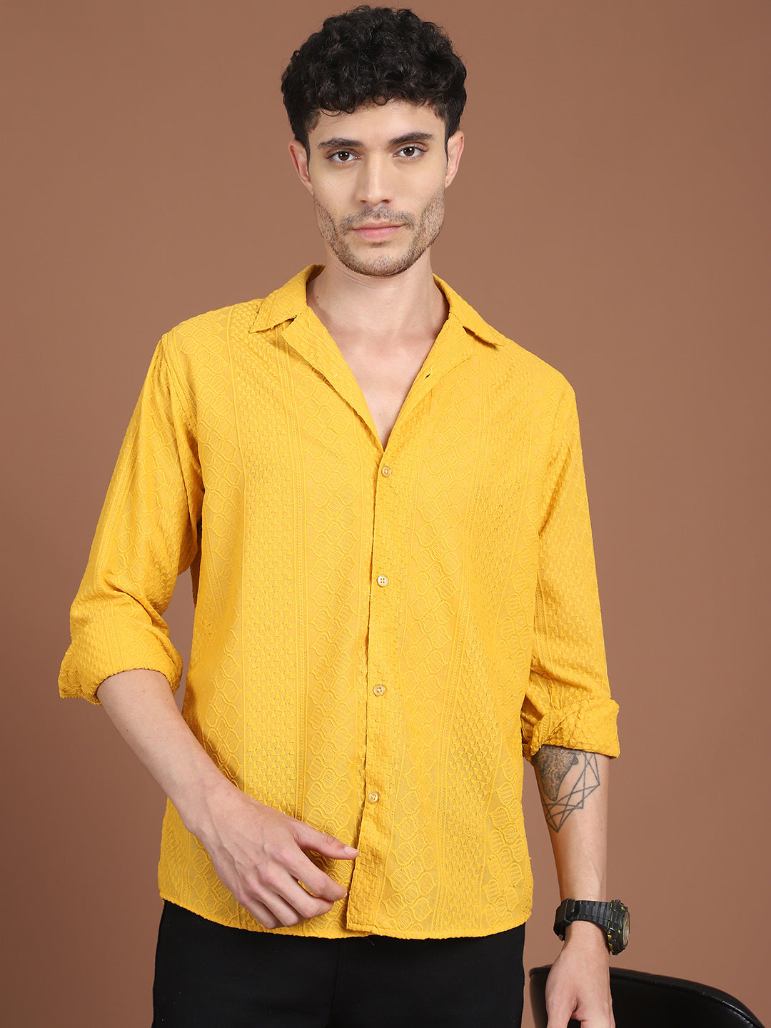 Men's Red Self Design Shirt - Premium 100% Cotton - Front