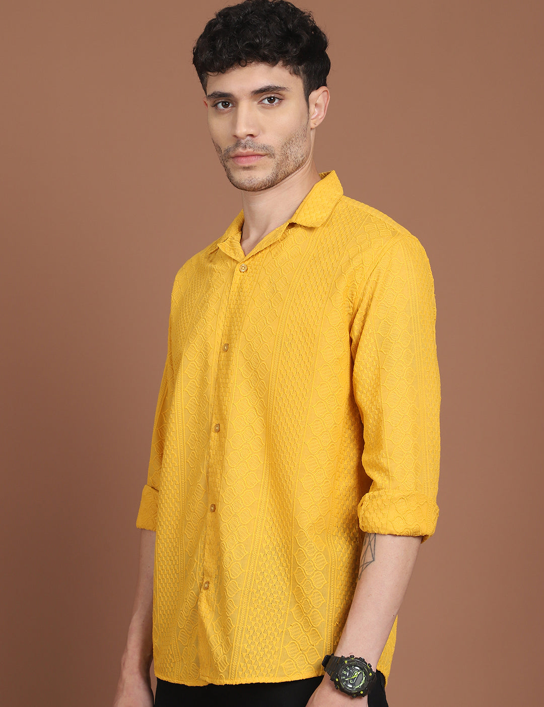 Red Cotton Shirt Side View - Cuban Collar Detail