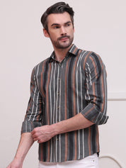 Charcoal Grey Striped Cotton Casual Shirt